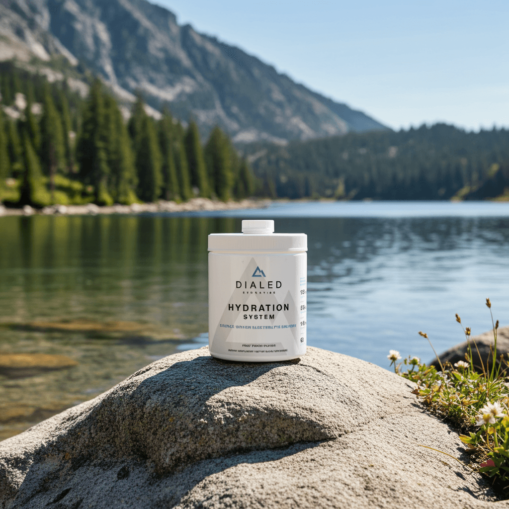 Dialed Hydration electrolyte drink mix in a white cylindrical tub on a lakeside rock with mountain scenery - SKU: 55764-607
