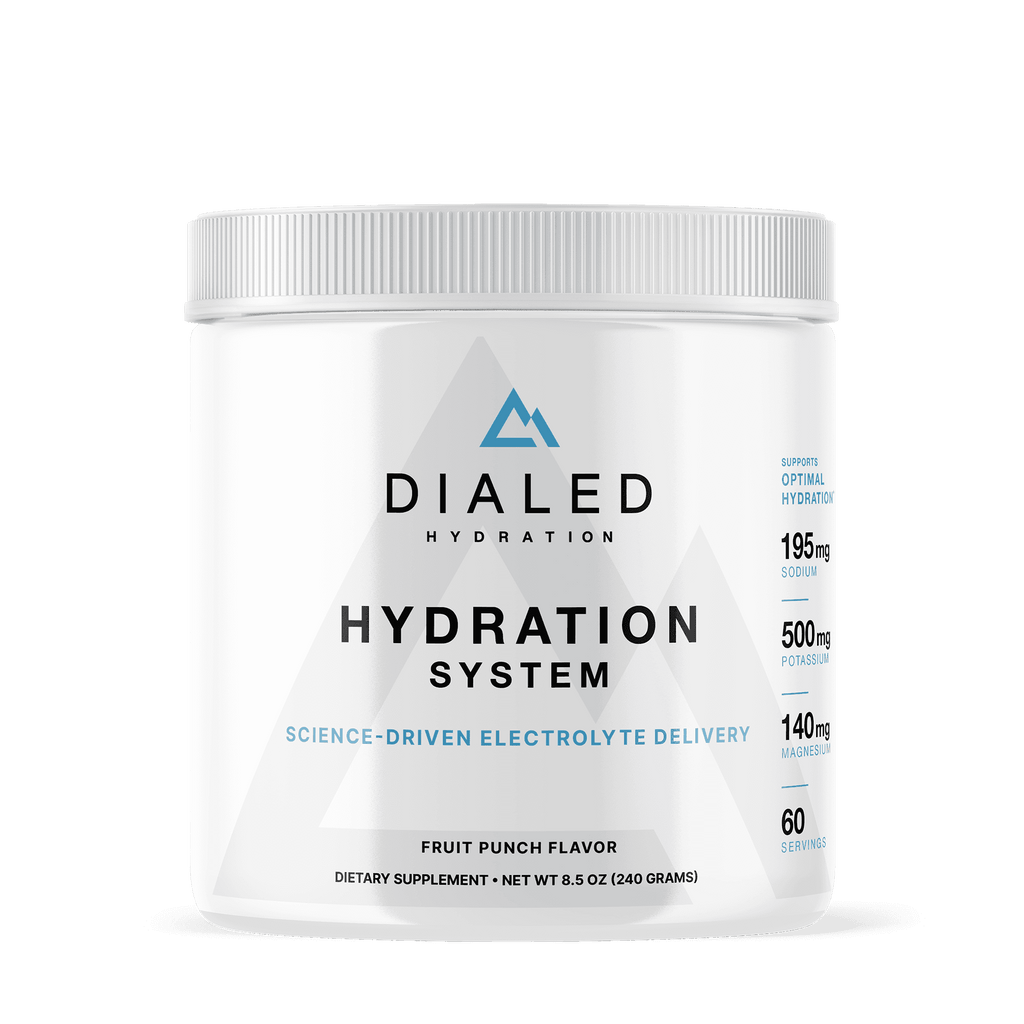 White dietary supplement container with a screw-on lid, featuring a modern geometric logo and label indicating fruit punch flavor and electrolytes for hydration