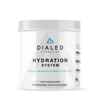 White dietary supplement container with a screw-on lid, featuring a modern geometric logo and label indicating fruit punch flavor and electrolytes for hydration