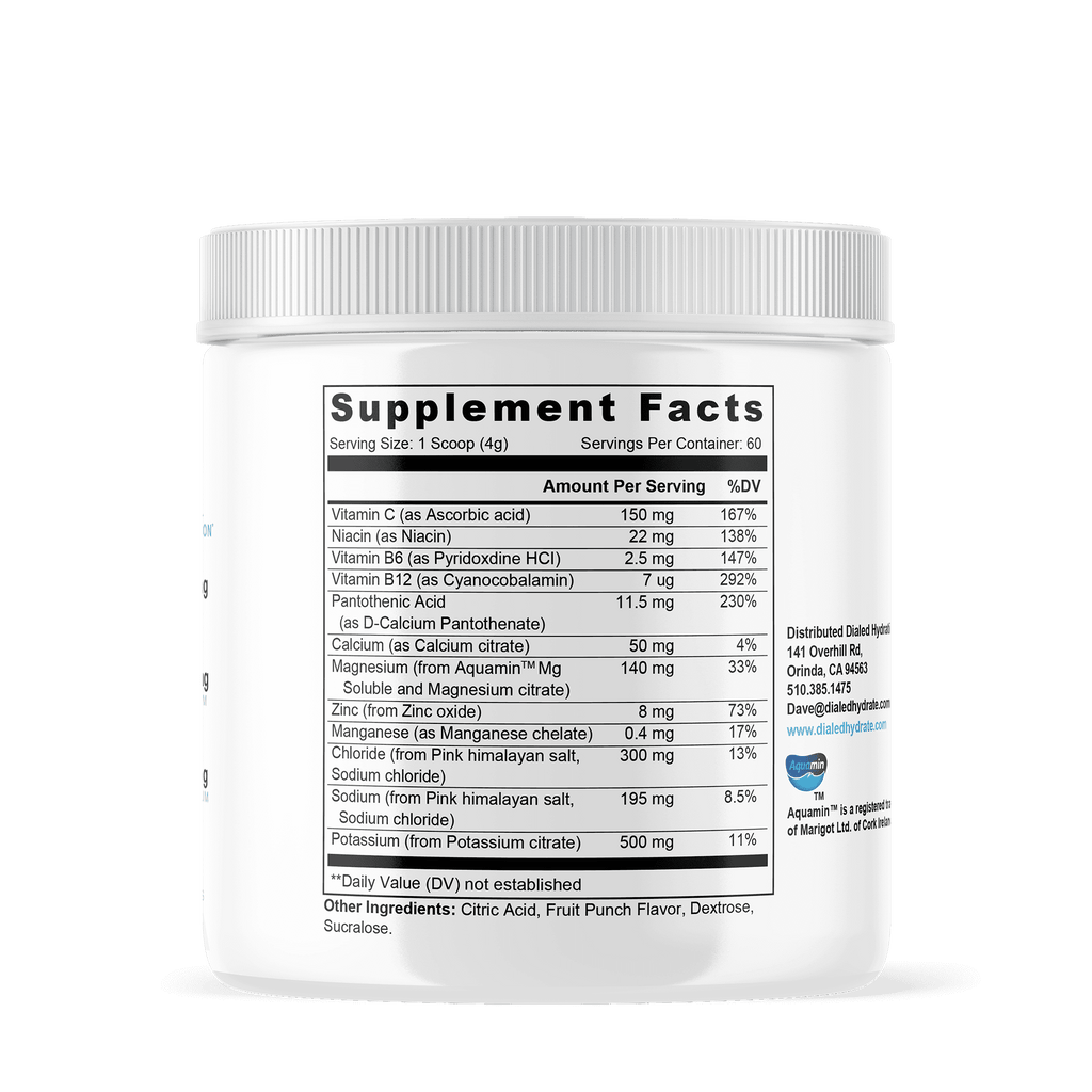 Close-up of supplement facts label on white container of electrolyte sports hydration supplement with detailed nutrient information