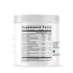 Close-up of supplement facts label on white container of electrolyte sports hydration supplement with detailed nutrient information