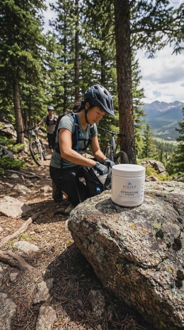 Female mountain biker in forest wearing helmet and gloves, reaching into hydration supplement container on large rock, with mountain landscape in background